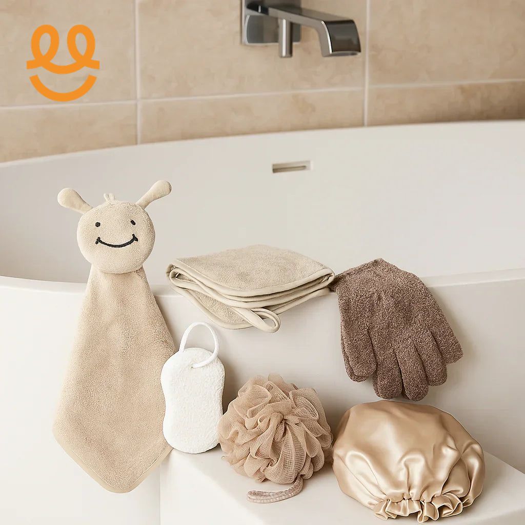 Beige bath essentials including a smiley face washcloth, towels, exfoliating glove, sponge, bath pouf, and satin shower cap on white tub edge