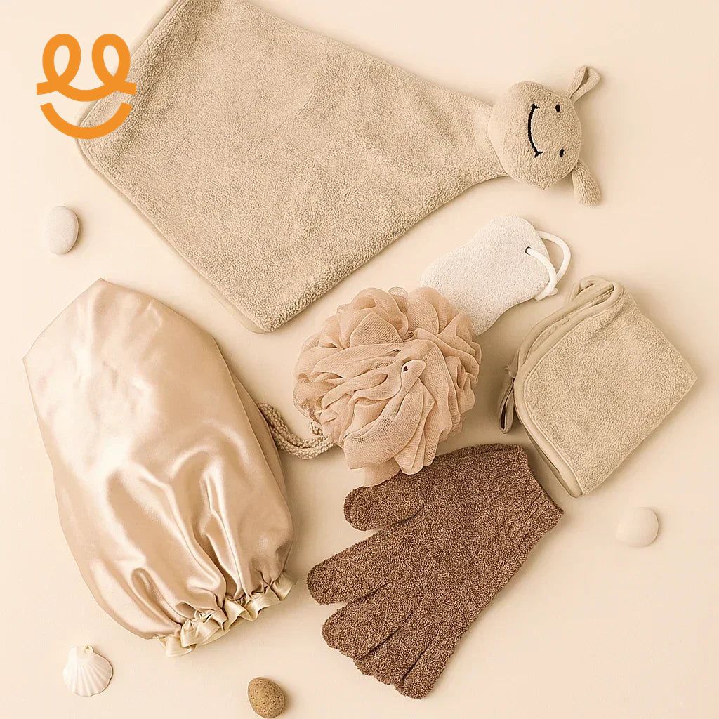 beige bath accessories including shower cap, exfoliating glove, loofah, washcloth, and plush animal wash mitt