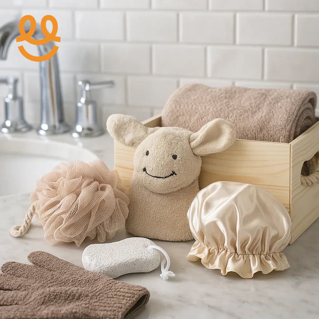 Elegant bath essentials including beige towel, plush bunny washcloth, bath mitt, pumice stone, satin shower cap on marble sink