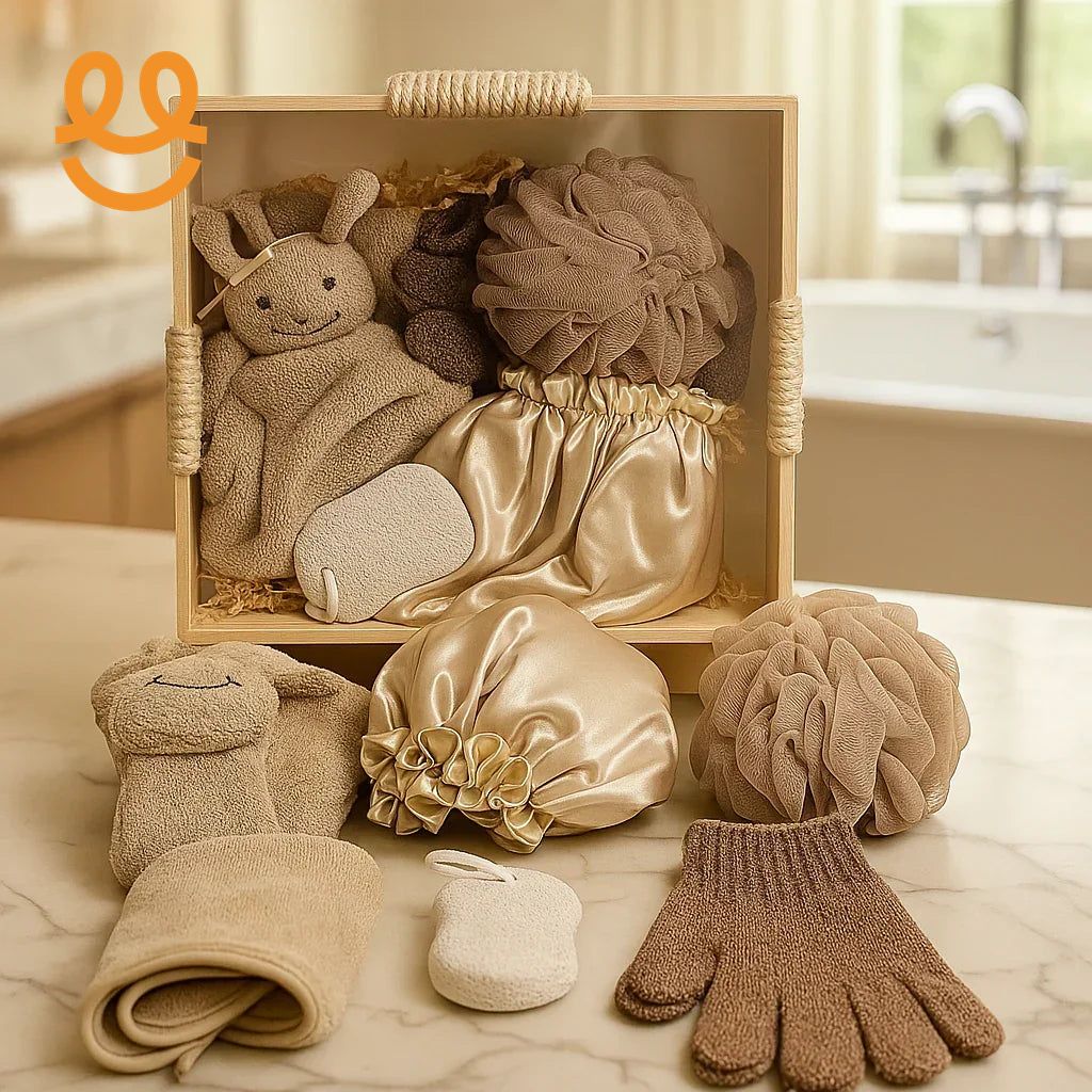 Neutral-toned aesthetic bath gift set with plush mitts, exfoliating gloves, silk bonnet, pumice stones in wooden box
