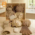Neutral-toned aesthetic bath gift set with plush mitts, exfoliating gloves, silk bonnet, pumice stones in wooden box