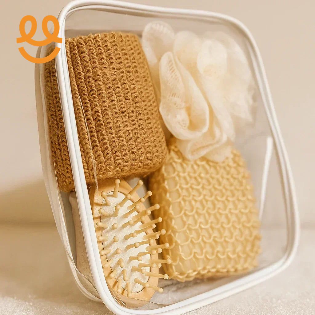 Clear bag with beige and cream bath set including knitted scrubber, mesh sponge, and wooden hairbrush