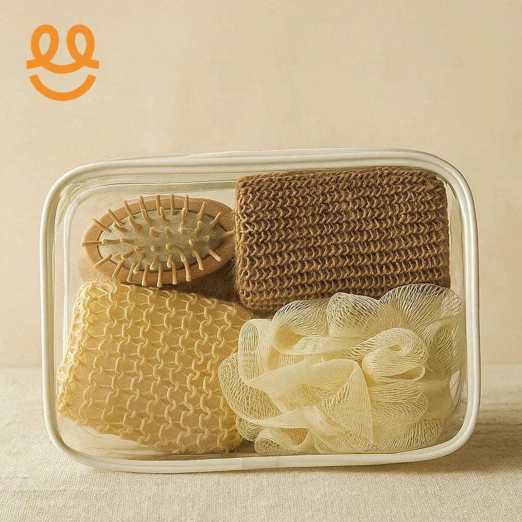 Clear pouch containing brown and beige knit washcloths, wooden hairbrush, and cream bath sponge