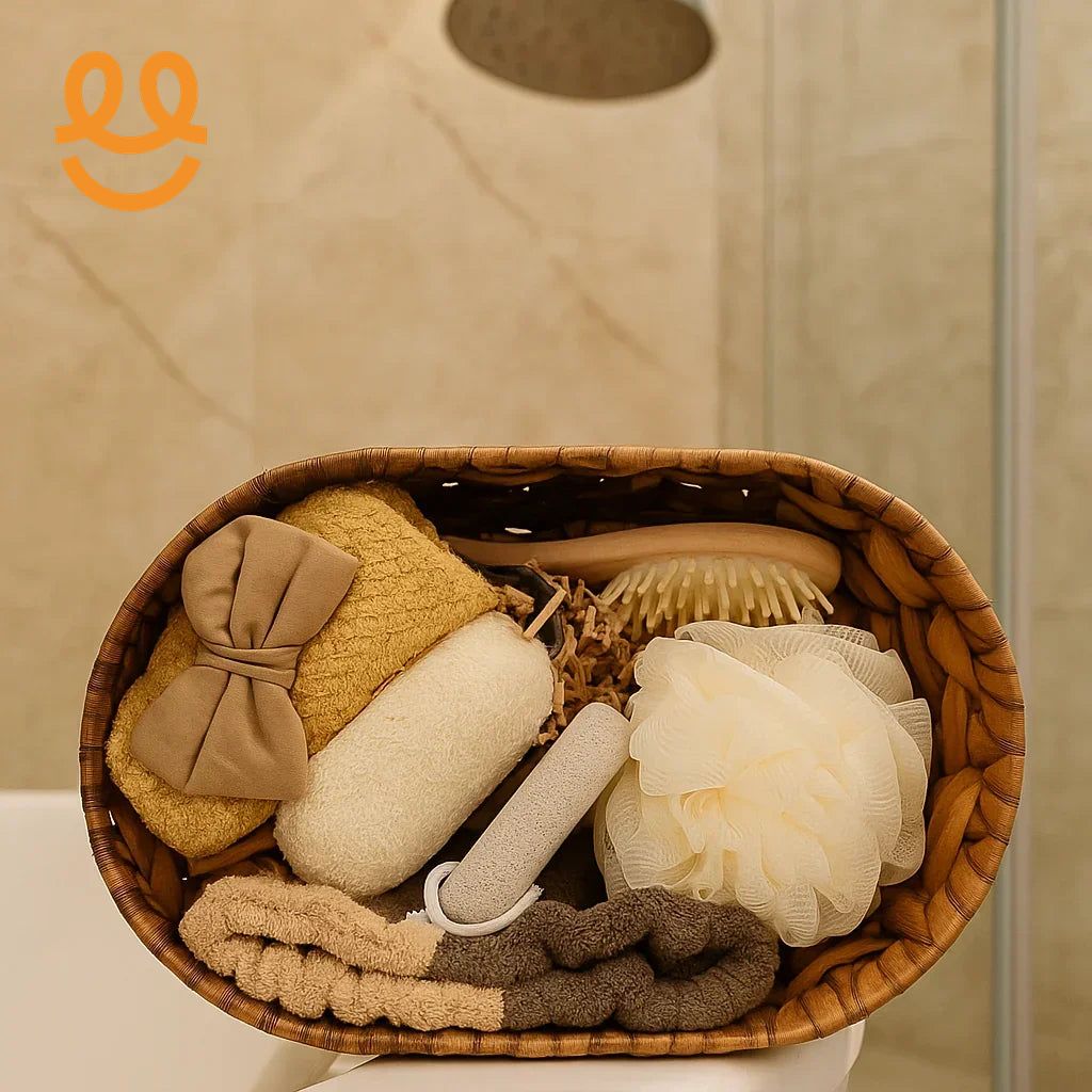 Wicker basket on bathroom counter with beige towel, exfoliating sponge, soap brush, white bath pouf, pumice stone, and soft towel