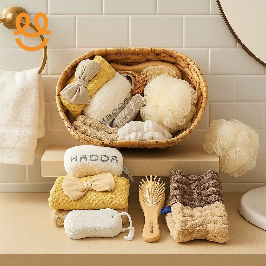 Basket and countertop with beige and brown bath essentials including towels, brushes, and bath puffs