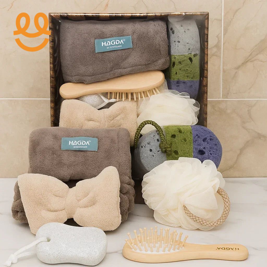 Bathroom spa essentials gift set with soft towels, bath brushes, pumice stones, and bath poufs