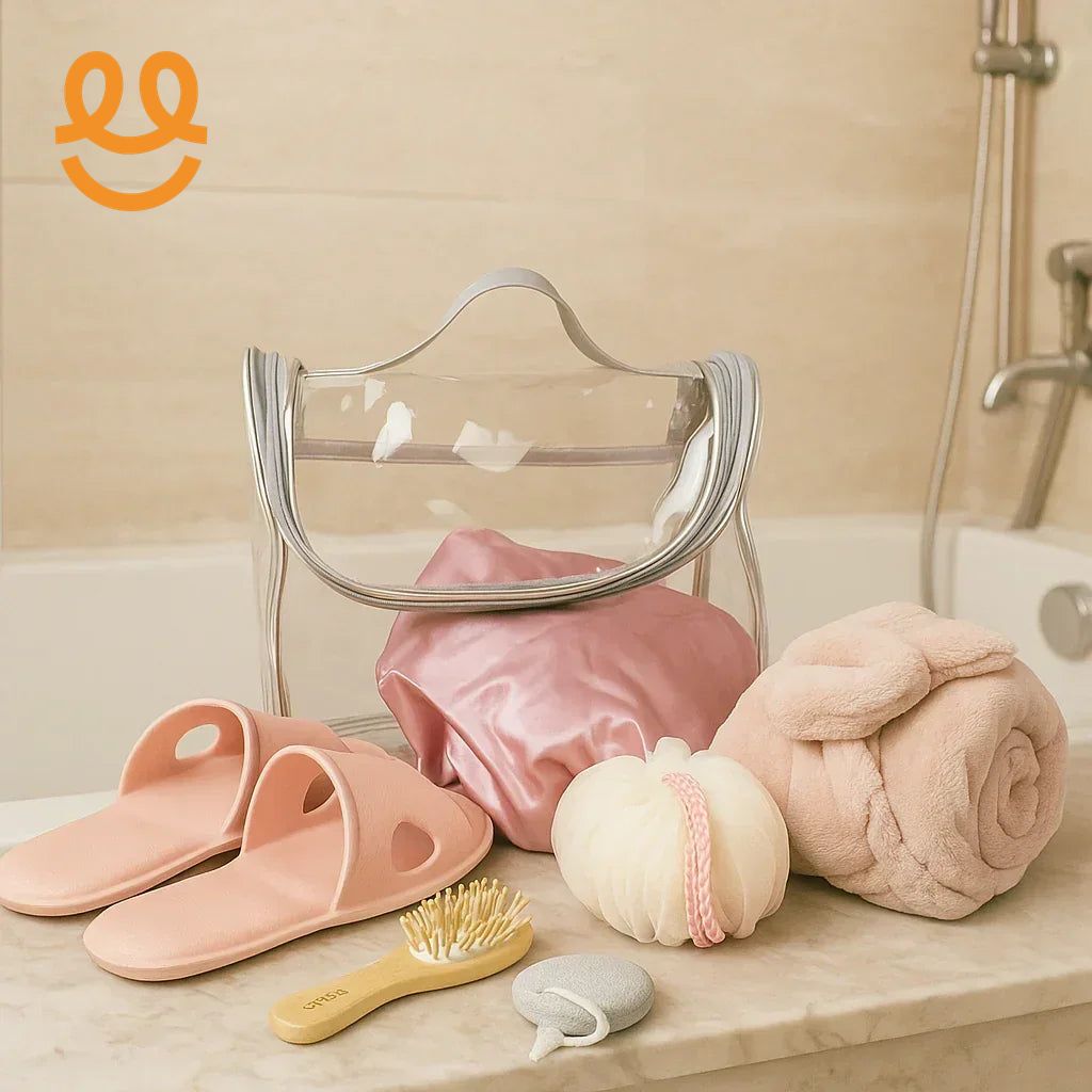 Clear toiletry bag with pink satin pouch, pink slippers, plush towel, bath sponge, hairbrush, and pumice stone on bathroom counter