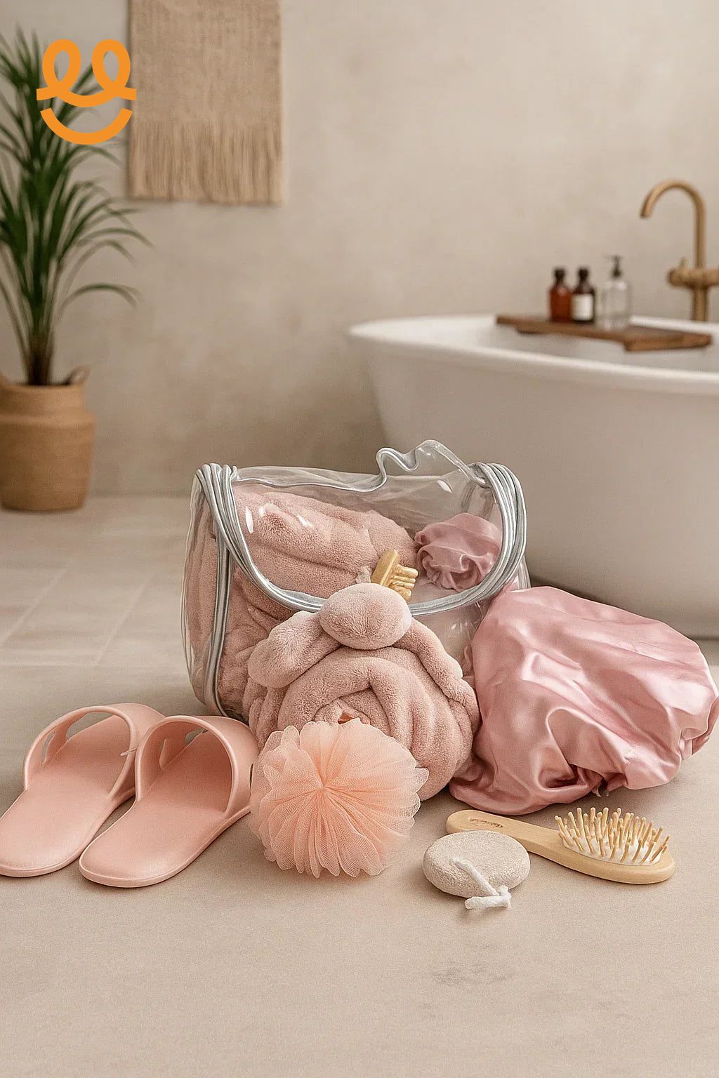 Pink bath slippers, plush robe, shower cap, loofah, brush, and bath essentials in clear bag by bathtub in minimal bathroom