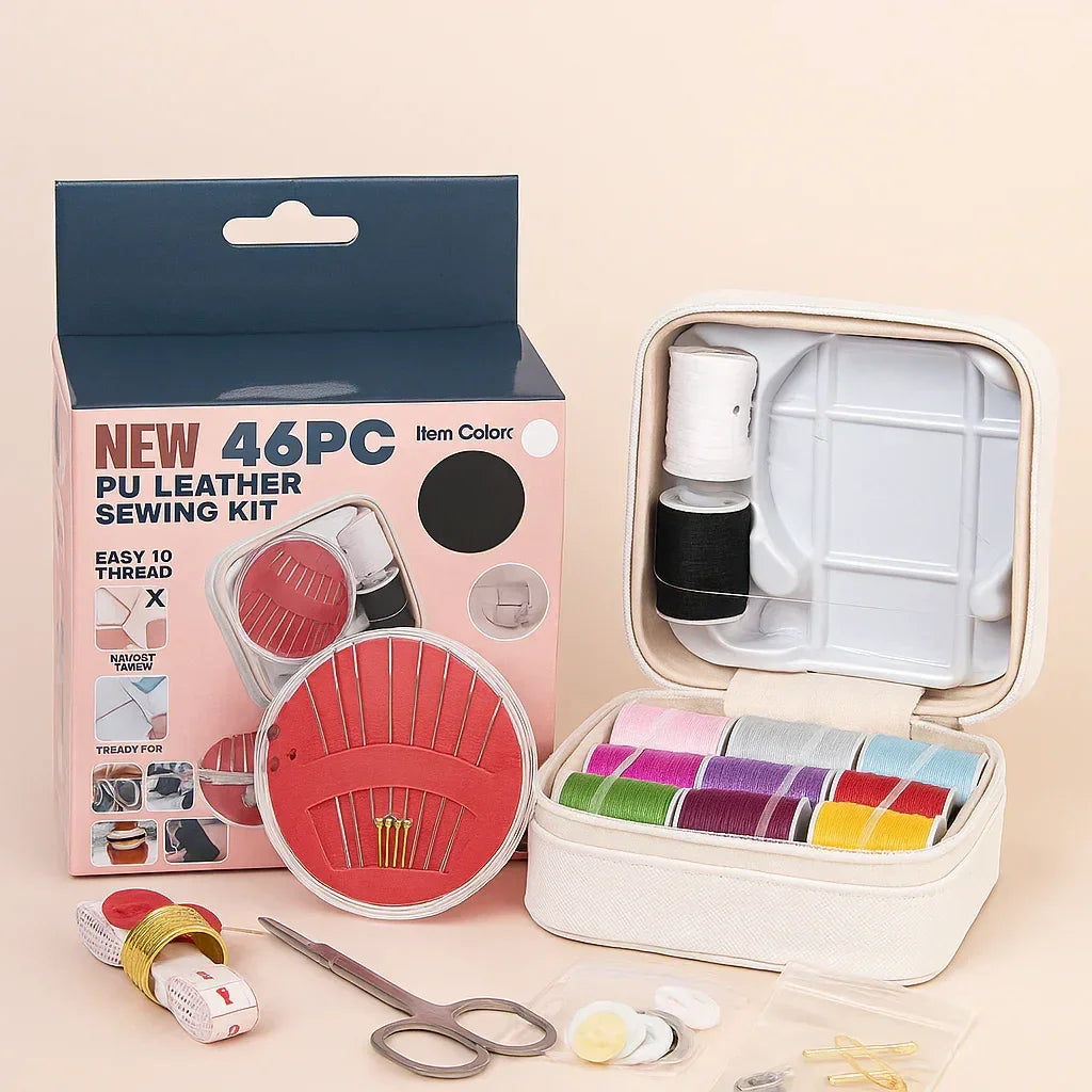 46-Piece PU Leather Sewing Kit – Portable Travel & Home Stitching Set with Threads, Needles, Scissors & Accessories