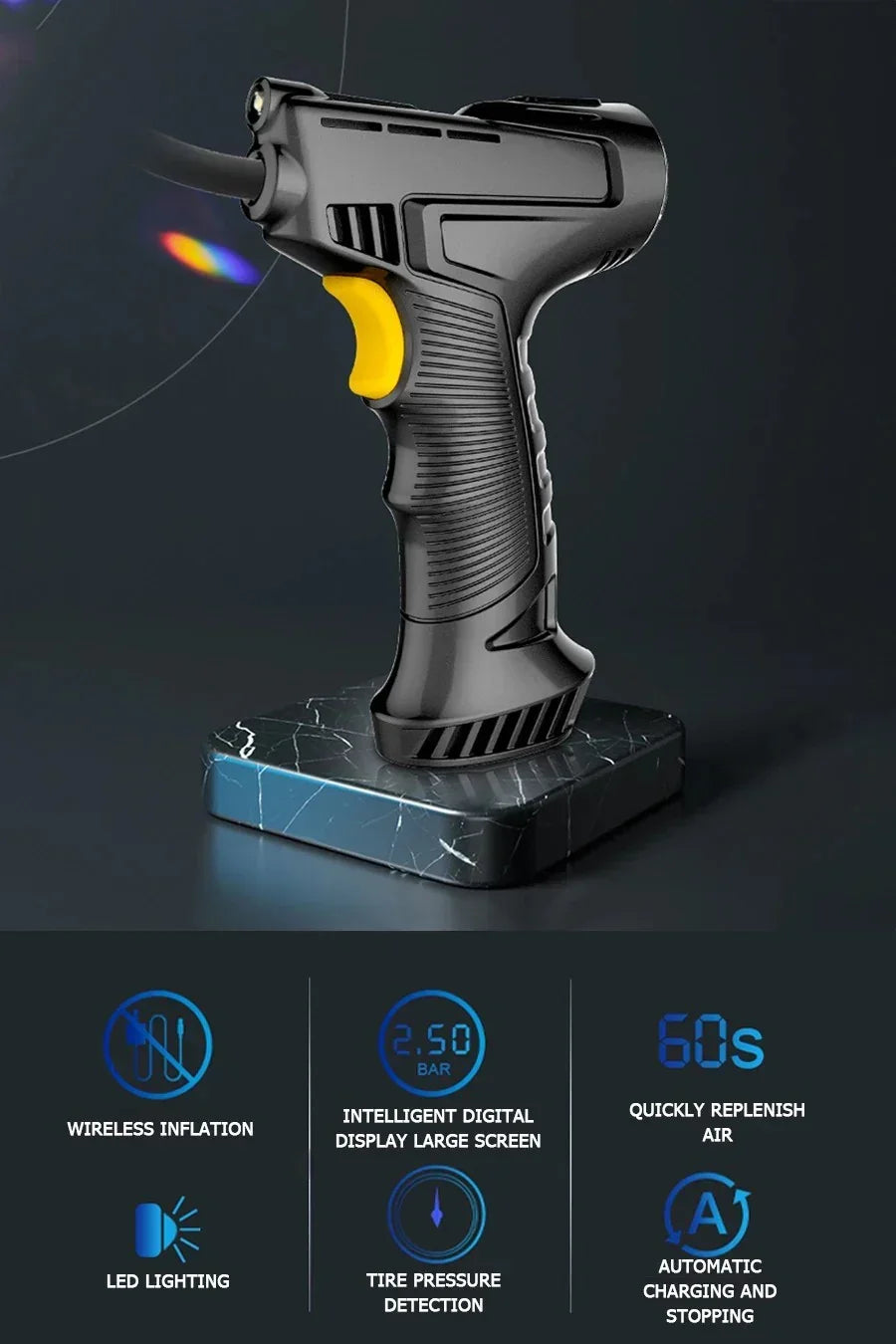 Wireless digital tire inflator with yellow trigger on black marble base, featuring LED lighting and tire pressure detection