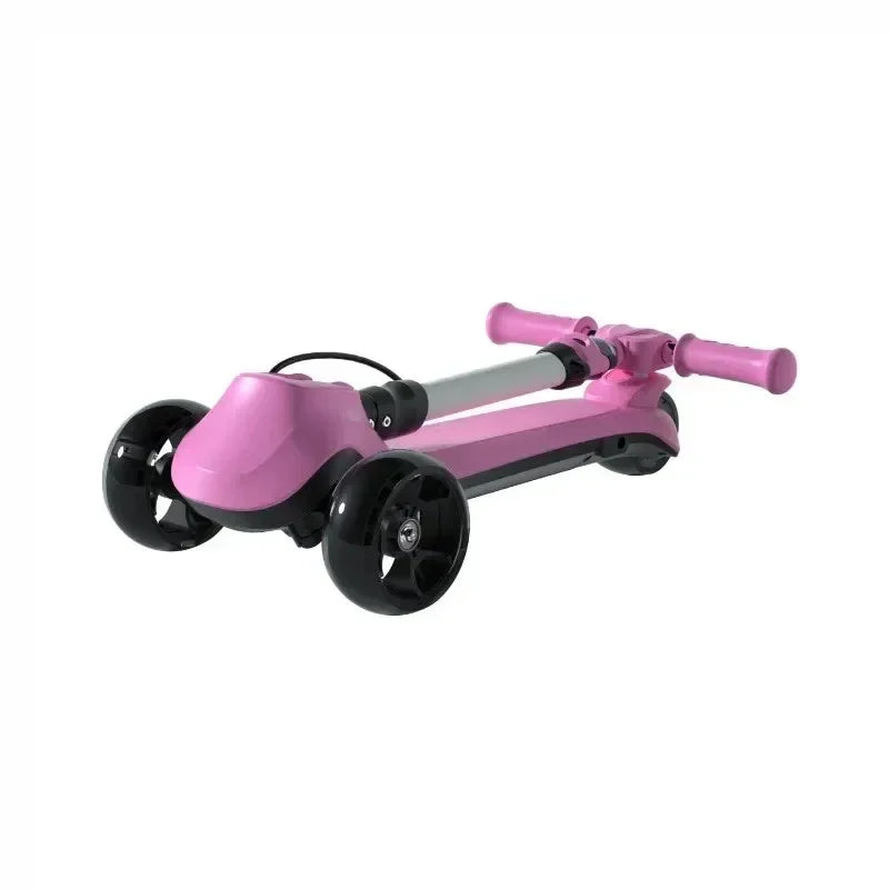 Folded pink and black three-wheeled scooter with a silver handlebar against white background