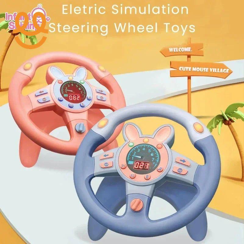 Pink and blue electric simulation steering wheel toys for kids with digital displays and buttons