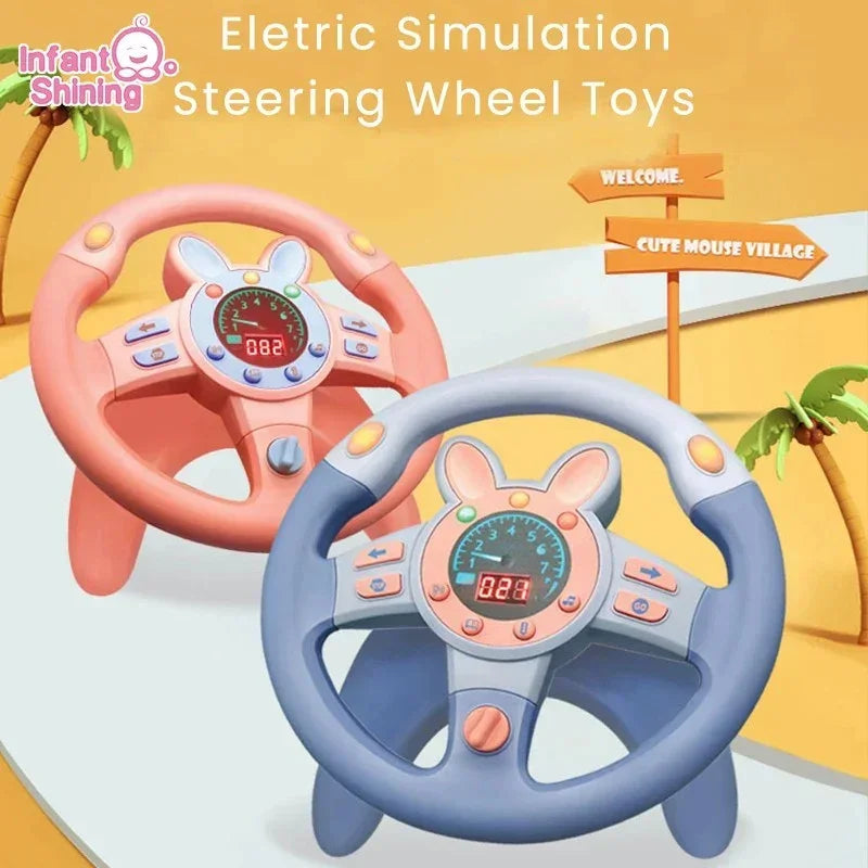 Pink and blue electric simulation steering wheel toys for kids with digital displays and buttons