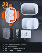 Electric lunch box with orange lid, white steaming container, divided liner, spoon, USB charging cable, and user manual