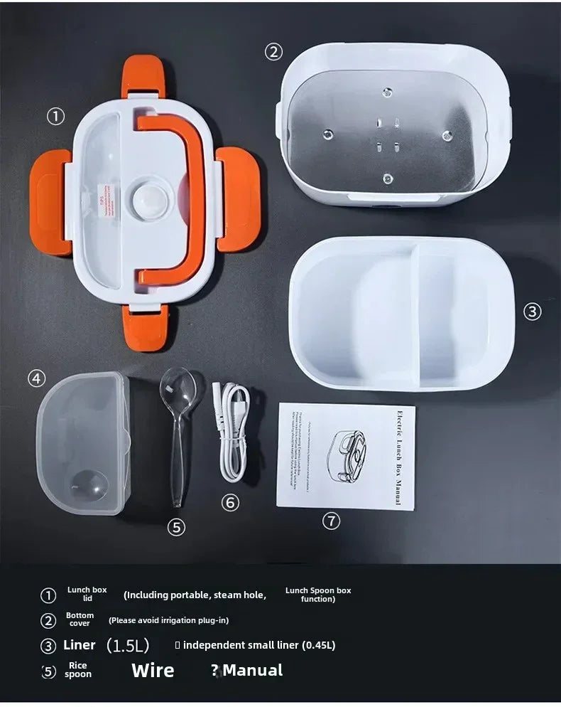 Electric lunch box with orange lid, white steaming container, divided liner, spoon, USB charging cable, and user manual