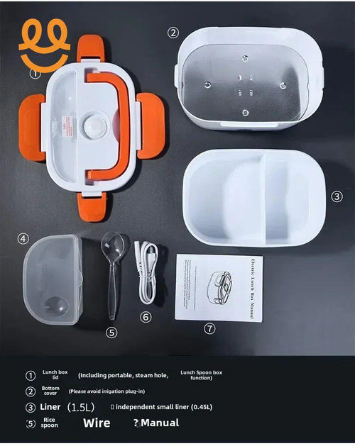 Electric lunch box with orange lid, white steaming container, divided liner, spoon, USB charging cable, and user manual