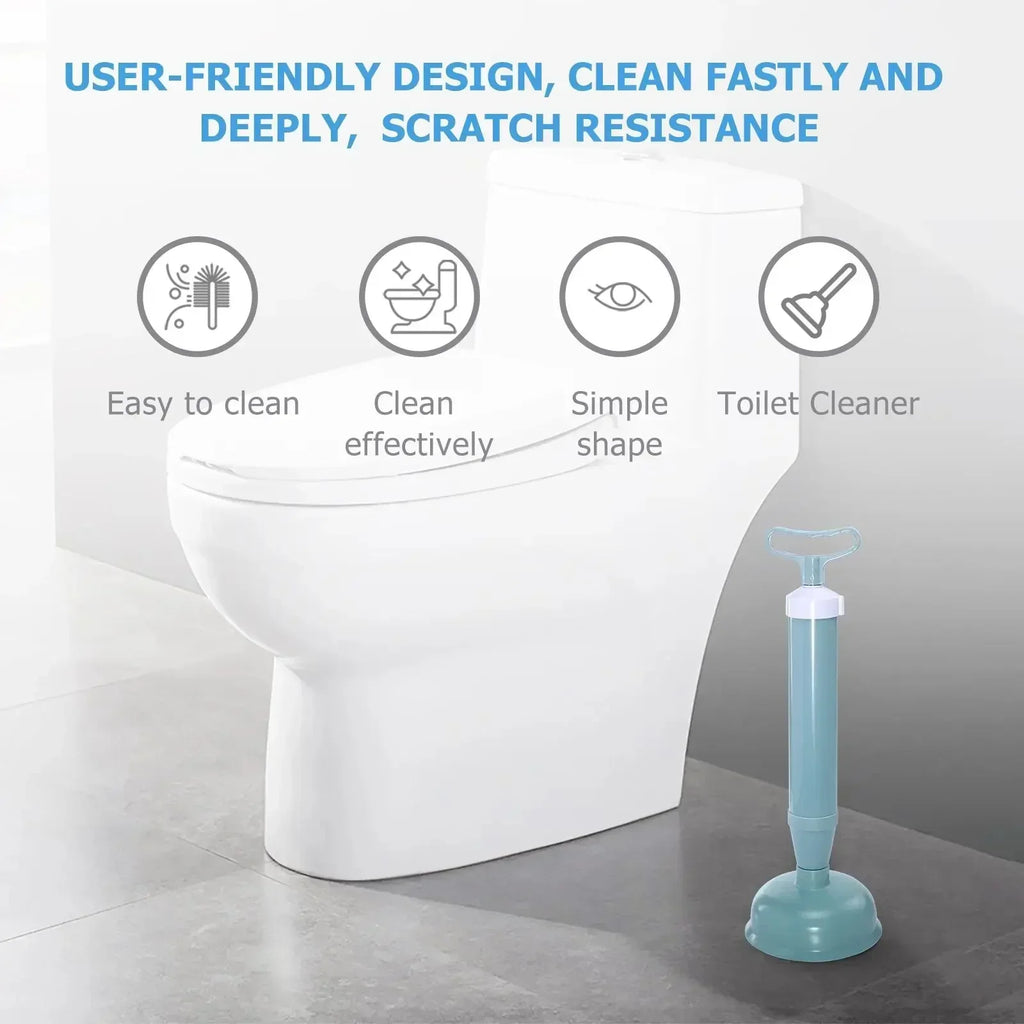 White modern toilet with blue plunger on gray tiled floor, showcasing easy to clean, scratch resistant design