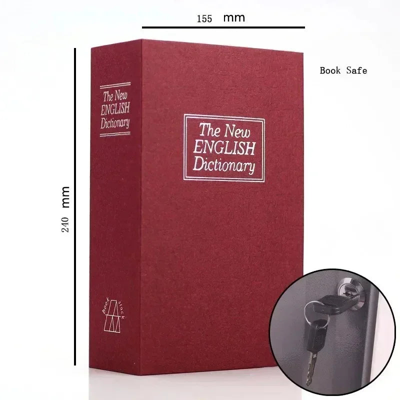 Red book-shaped safe labeled The New English Dictionary with key lock shown in inset