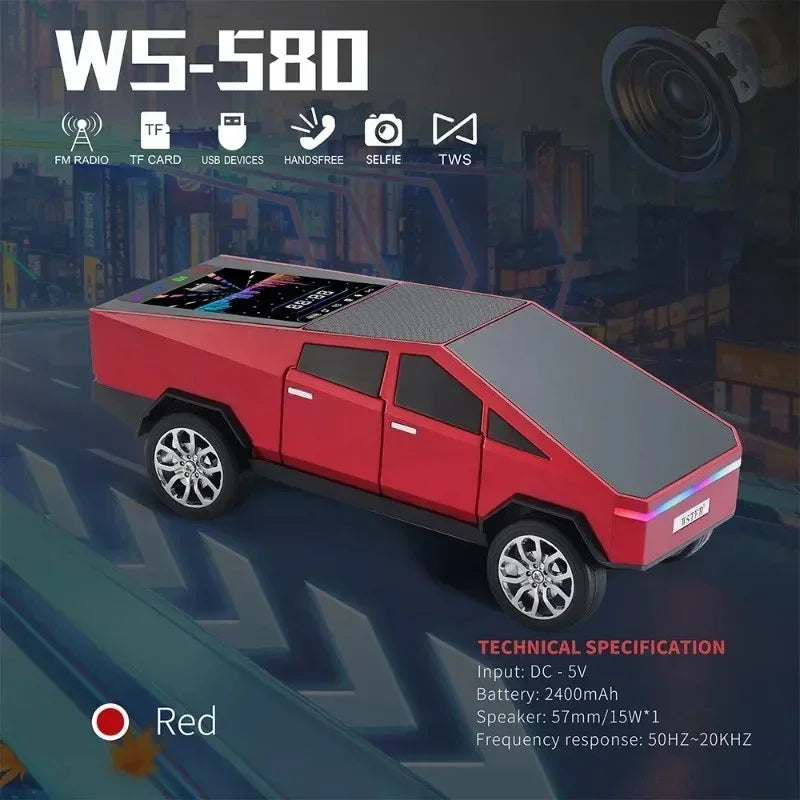 Red WS-580 Bluetooth speaker shaped like a futuristic truck with technical specs and icons