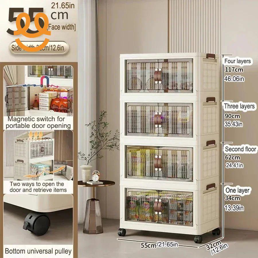 55cm wide four-layer storage cabinet with transparent doors, magnetic switch, and universal pulleys