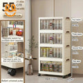 55cm wide four-layer storage cabinet with transparent doors, magnetic switch, and universal pulleys