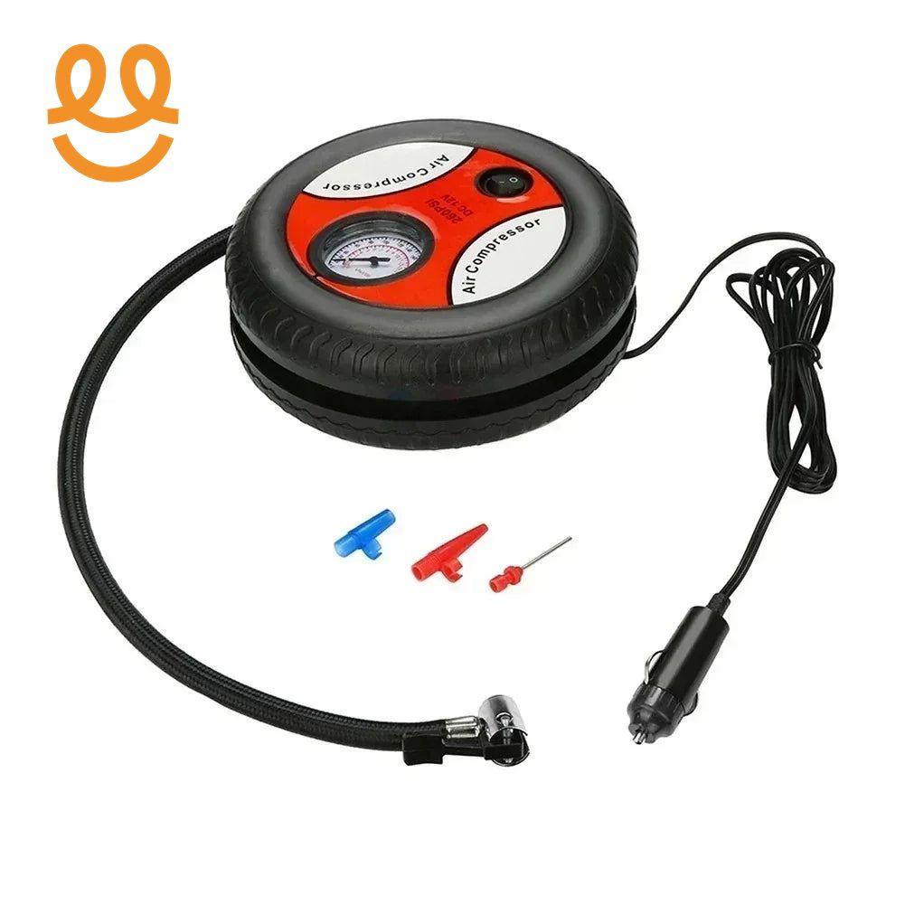 Compact round black and red portable air compressor with pressure gauge, hose, power cable, and three valve adapters