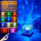 RGB color-changing LED night light cube with remote control, textured glass design on wooden base