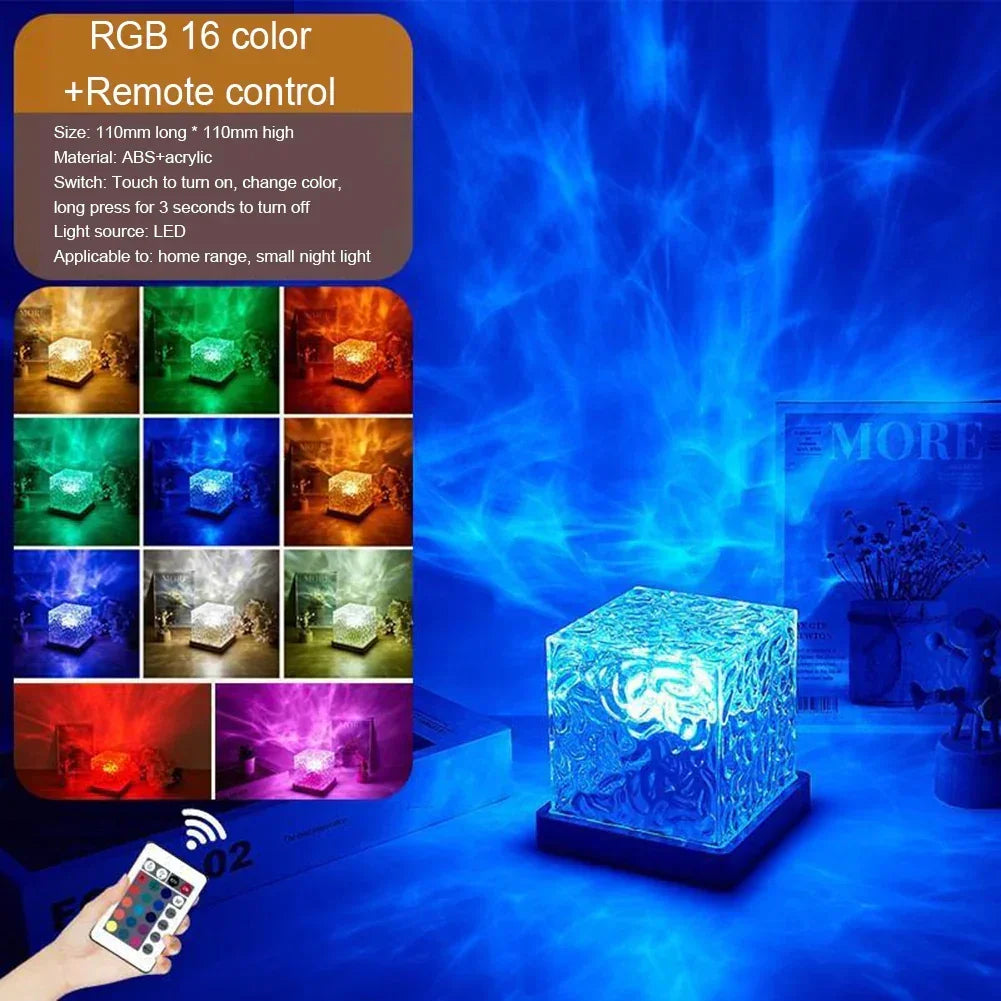RGB color-changing LED night light cube with remote control, textured glass design on wooden base
