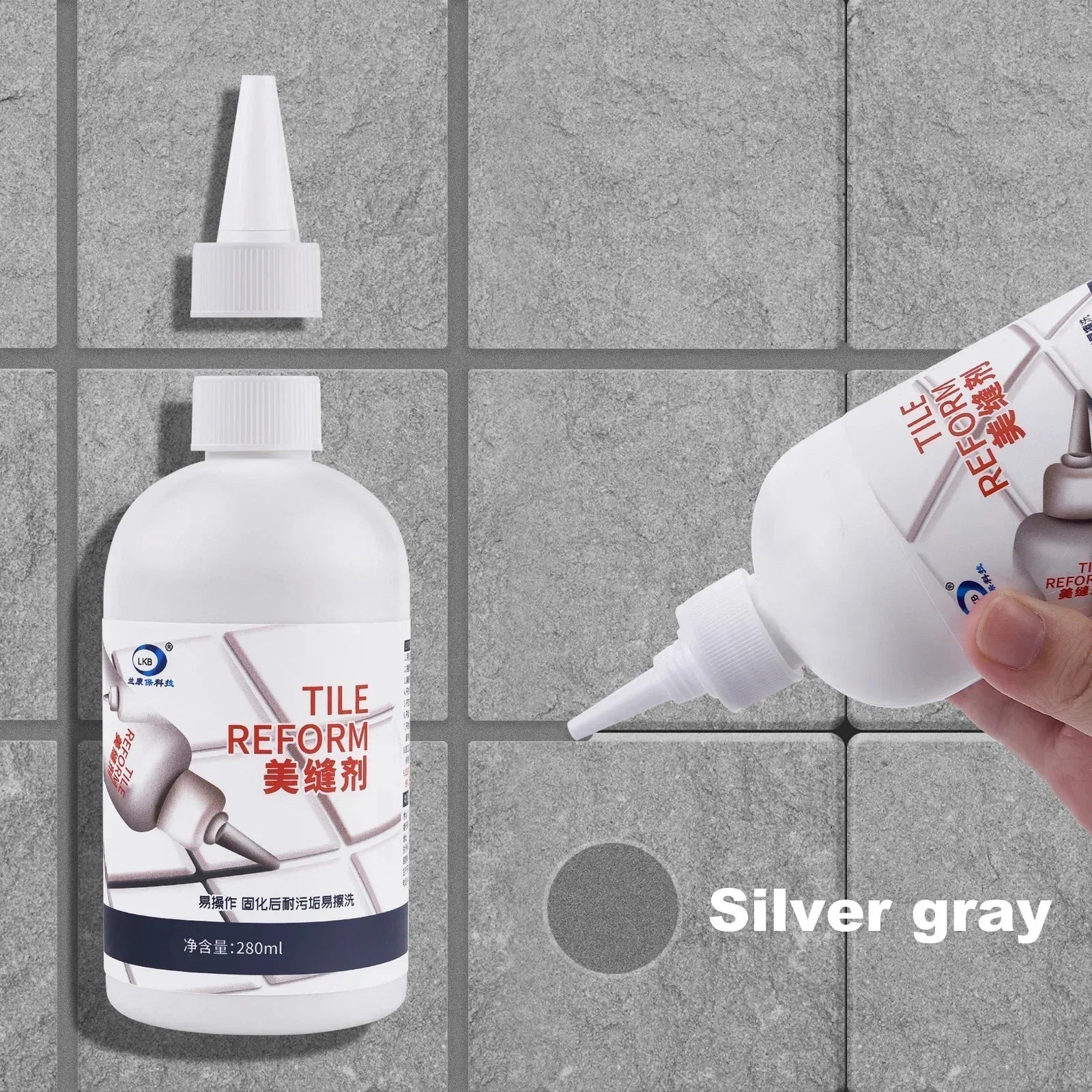 Tile reform grout filler bottle and applicator for silver gray tile grout repair on gray tiles