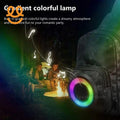 Outdoor campfire party with friends featuring a backpack Bluetooth speaker with colorful gradient lights