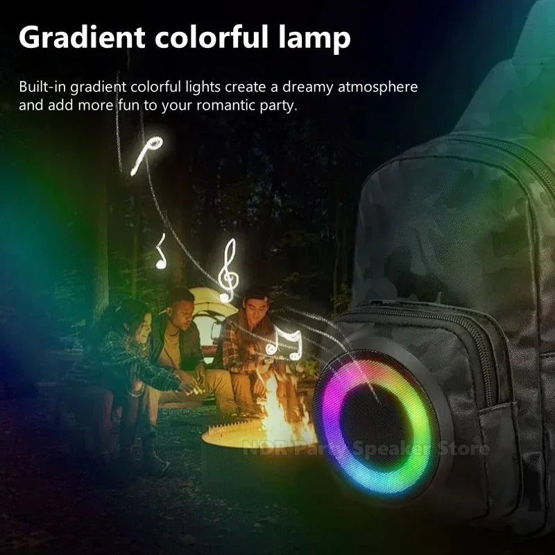 Outdoor campfire party with friends featuring a backpack Bluetooth speaker with colorful gradient lights