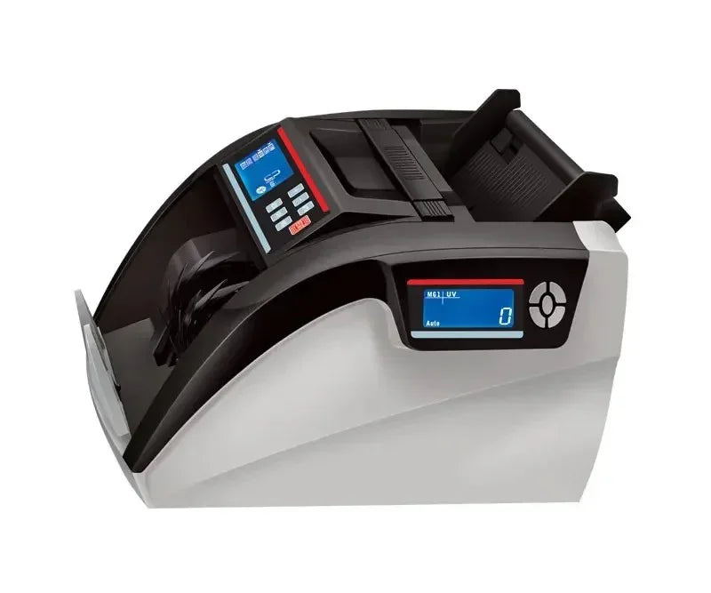 Modern black and silver automatic bill counter with digital display and control buttons