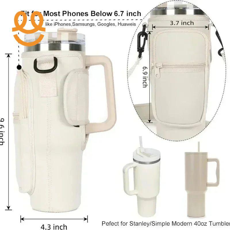 Beige insulated tumbler carrier with handle and phone pocket, fits phones below 6.7 inch