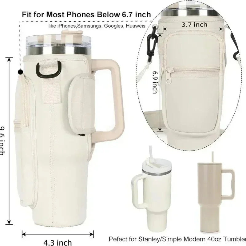 Beige insulated tumbler carrier with handle and phone pocket, fits phones below 6.7 inch