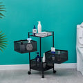 Black metal bathroom storage cart with three mesh baskets holding toiletries and towels
