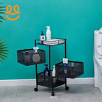 Black metal bathroom storage cart with three mesh baskets holding toiletries and towels