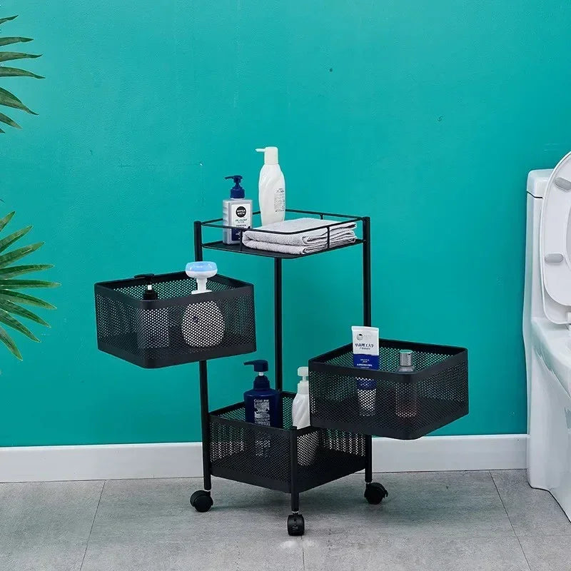 Black metal bathroom storage cart with three mesh baskets holding toiletries and towels