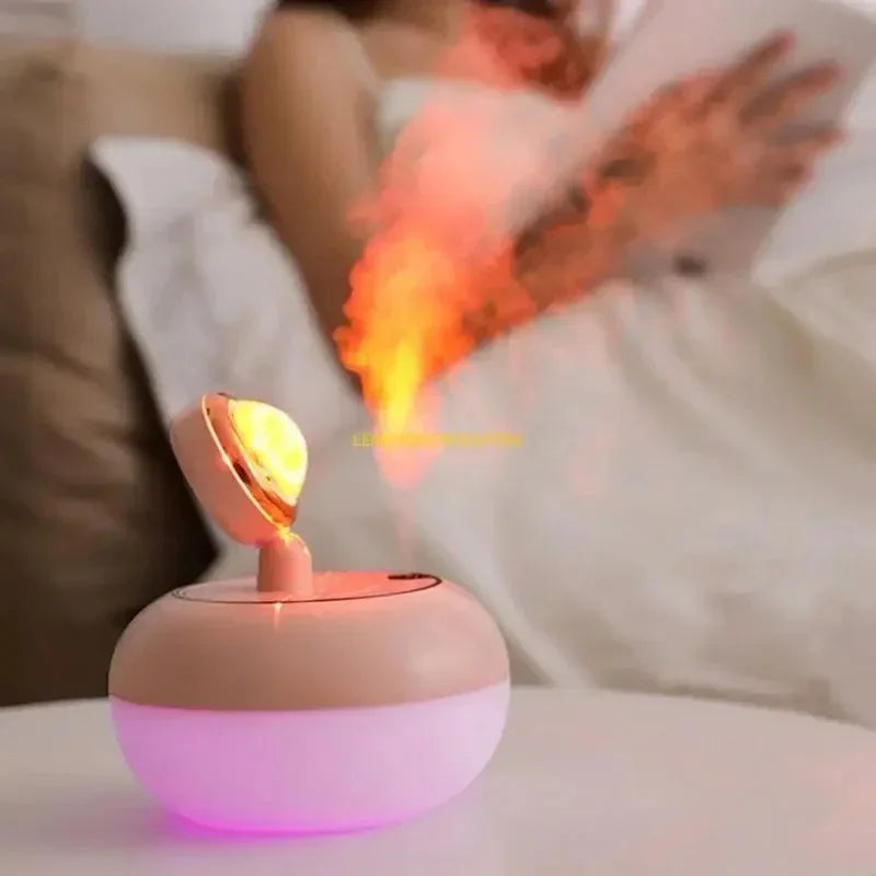 Compact pink and white facial steamer emitting steam with warm light, woman relaxing in background