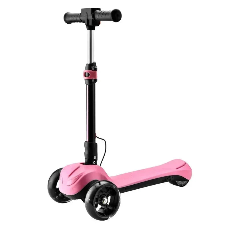 Pink and black three-wheeled kids scooter with adjustable handlebar on white background