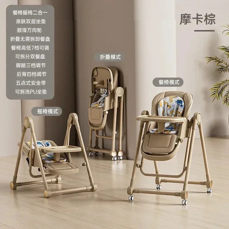 Beige multi-functional baby high chairs showing rocking, dining, and folded modes on wooden floor