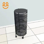 Black four-tier mesh rolling storage cart on white tiled floor against light blue wall