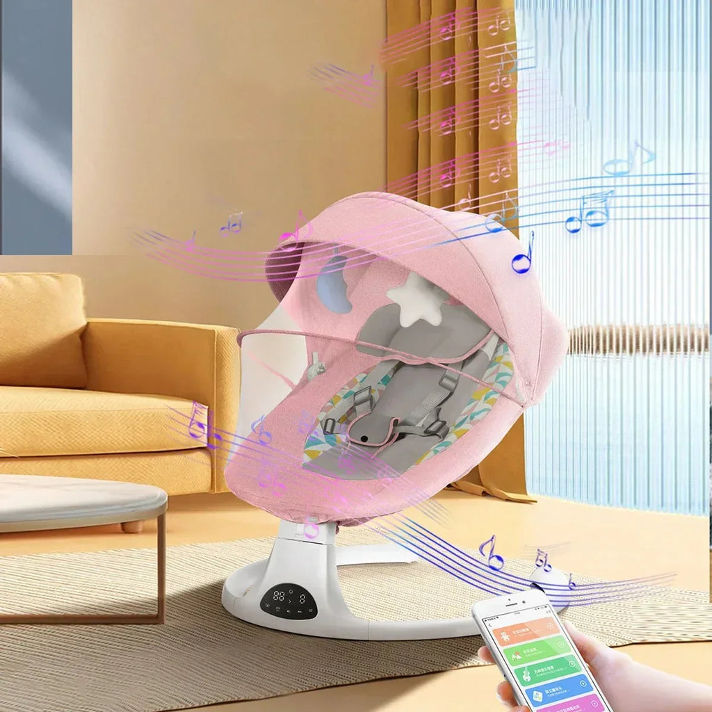 Smart baby rocker with pink canopy playing music, controlled by smartphone app in modern living room