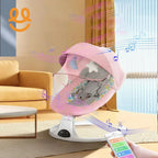 Smart baby rocker with pink canopy playing music, controlled by smartphone app in modern living room