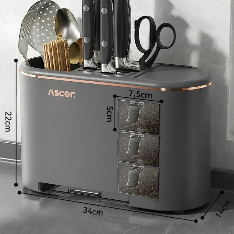 gray multifunction kitchen utensil organizer with knives, scissors, spoons, and spice drawers