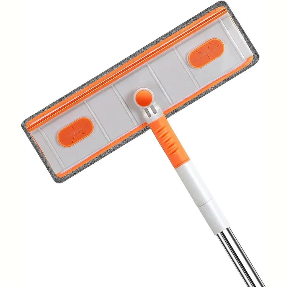 Gray and orange flat mop head with replaceable microfiber pad and metal handle