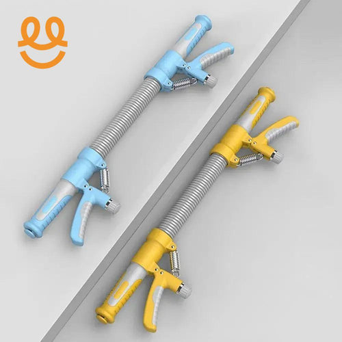 Two handheld grip strengtheners with metal springs, one blue and one yellow, on a gray surface