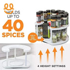 White two-tier spice rack with built-in lazy Susan holding various spice bottles, adjustable to 4 heights.
