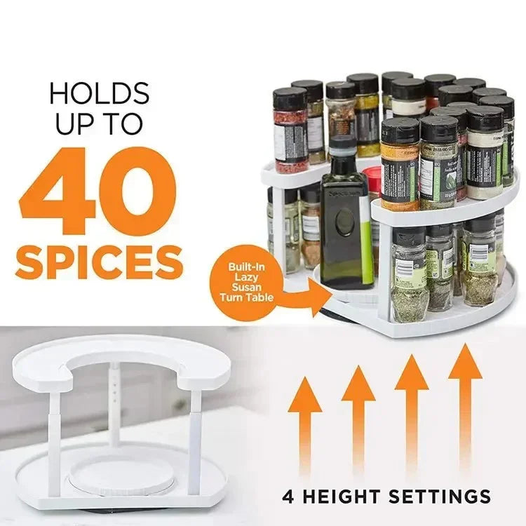 White two-tier spice rack with built-in lazy Susan holding various spice bottles, adjustable to 4 heights.