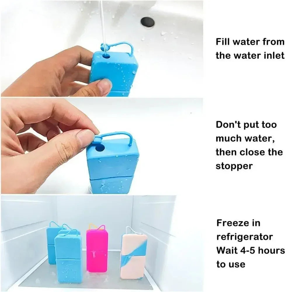 Step-by-step guide to filling and freezing blue silicone ice block water containers in refrigerator