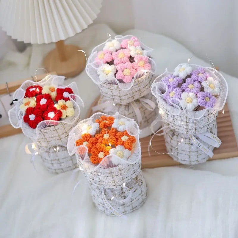 Wool Knitted Bouquet Simulation Puff Flower Classic Style Hand Bouquet Fabric Knitted Flower Bouquet